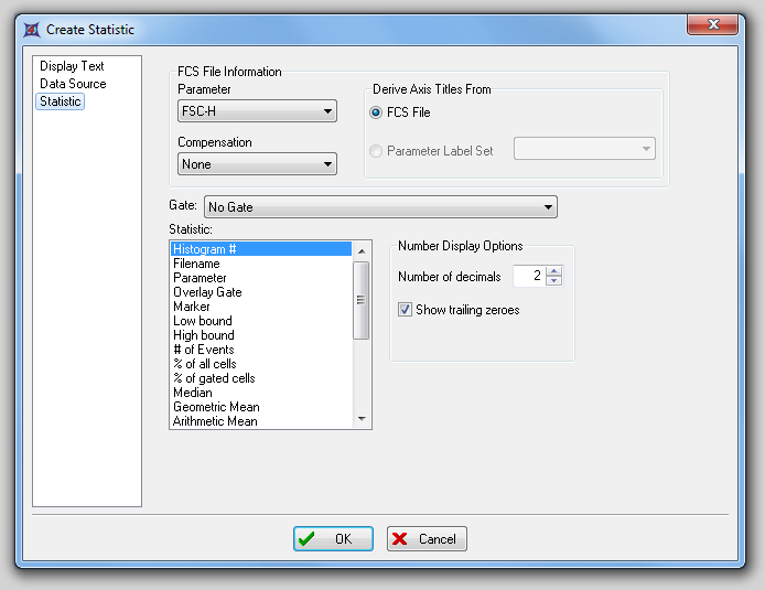 图18.13  Statistic Options - FCS File as a Data Source (统计选项 - FCS文件作为数据源)